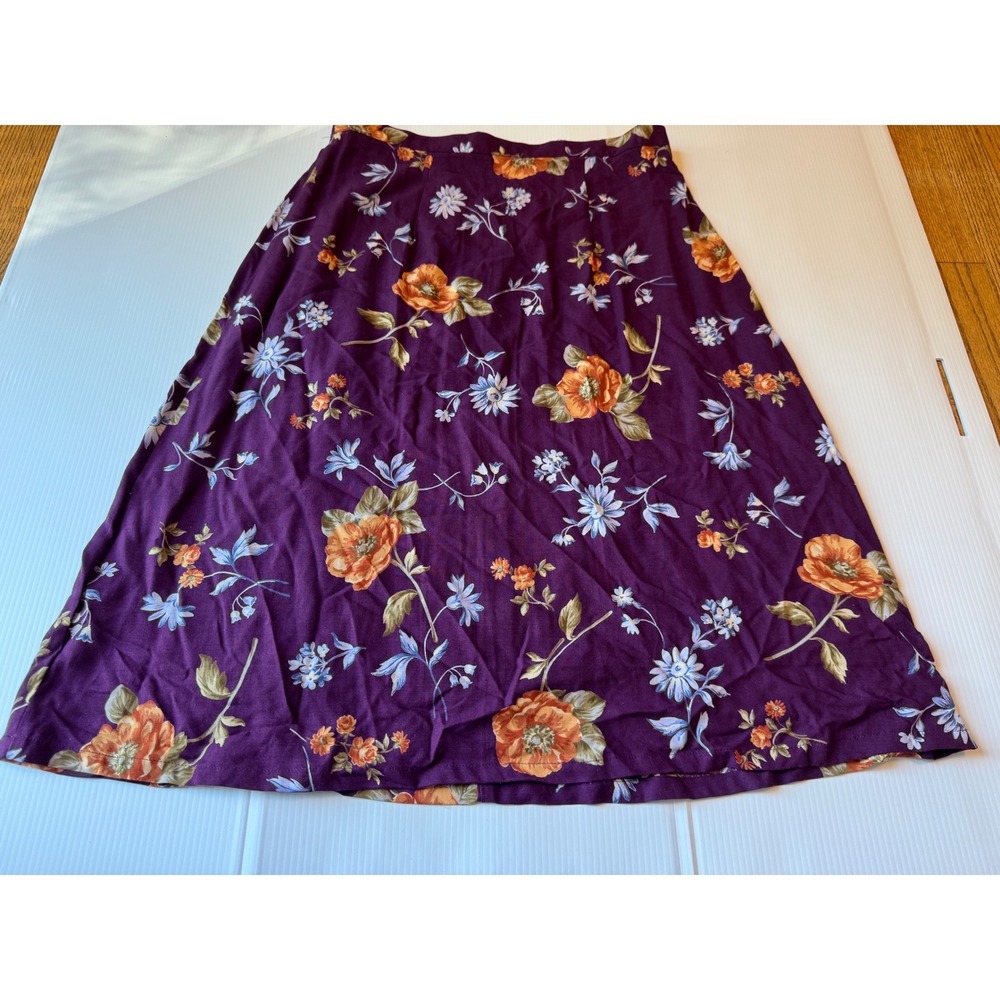 Herman Geist Vintage Floral Midi Skirt Purple Orange Rayon Made in USA Large